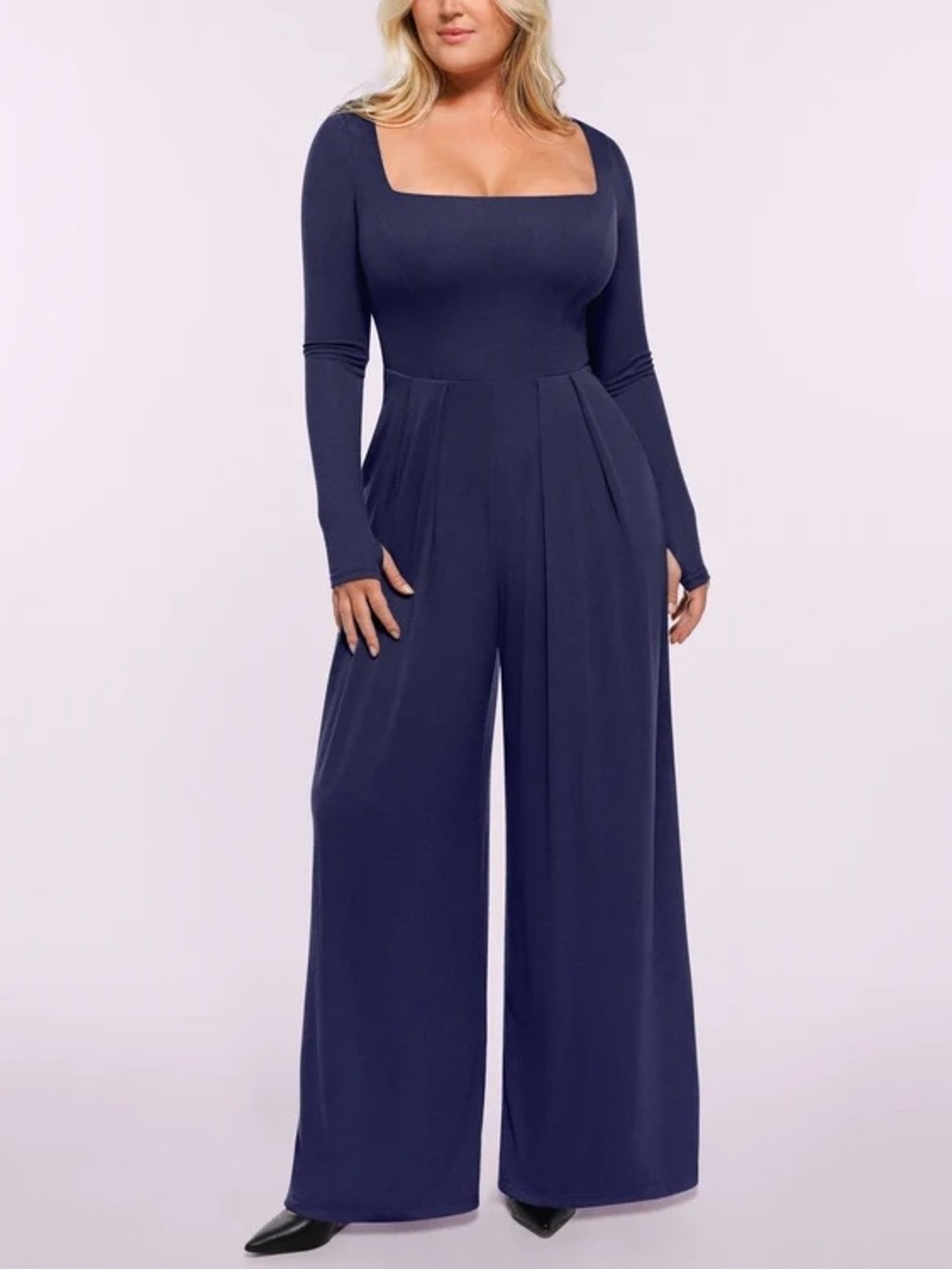 Square Neck Long-Sleeve Wide-Leg Jumpsuit in Deep Blue